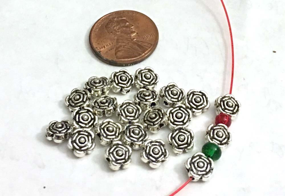 20 Antique Silver Pewter Rose Flower 6x4mm Beads design on both side