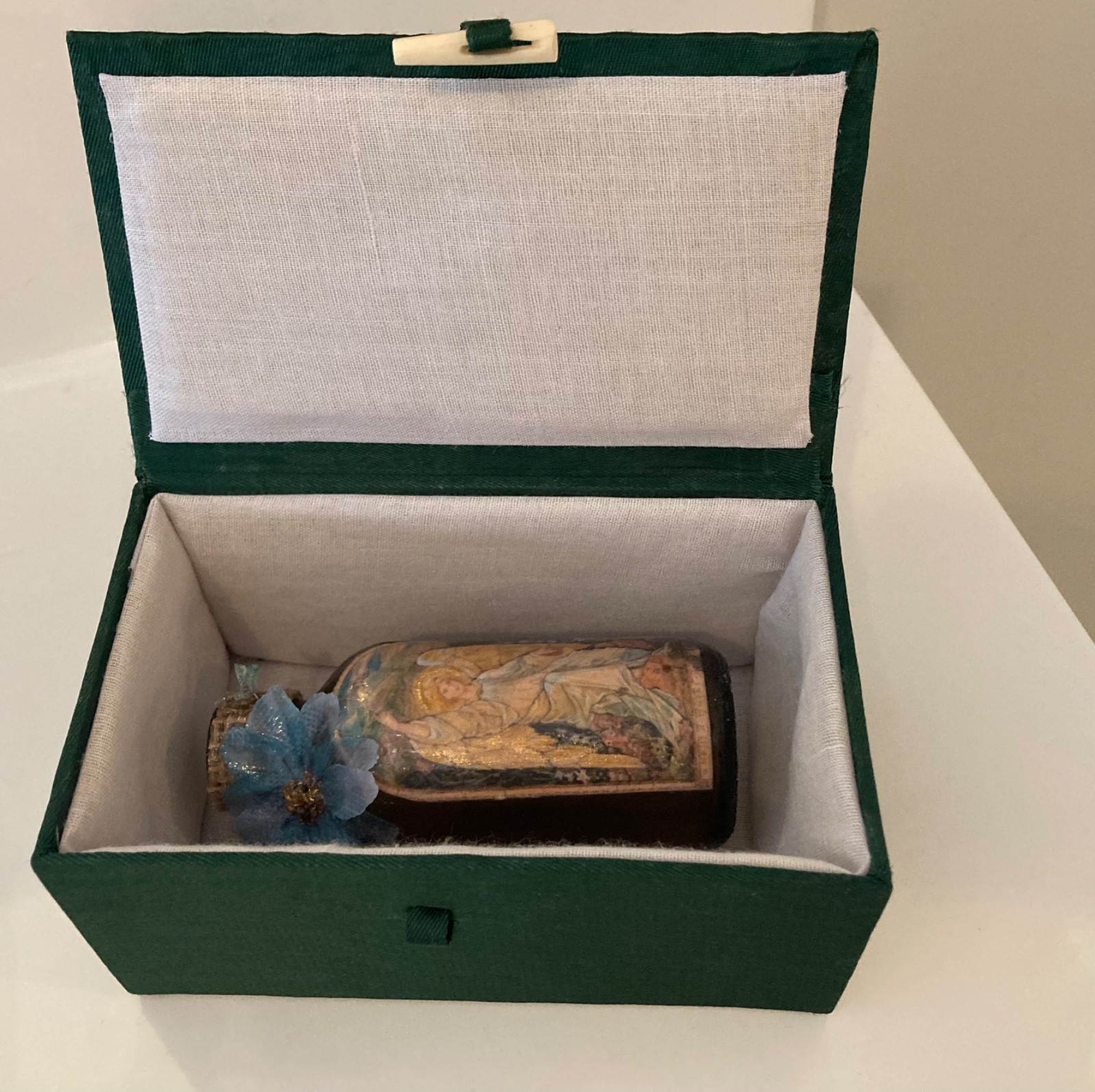 Decoupage, Hand Decorated Angel on Very Small, Amber, Apothecary Glass Bottle