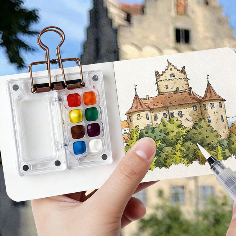 Portable Watercolor Paint Set, Mini Travel Kit With Paint, Brush, Sketchbook APS