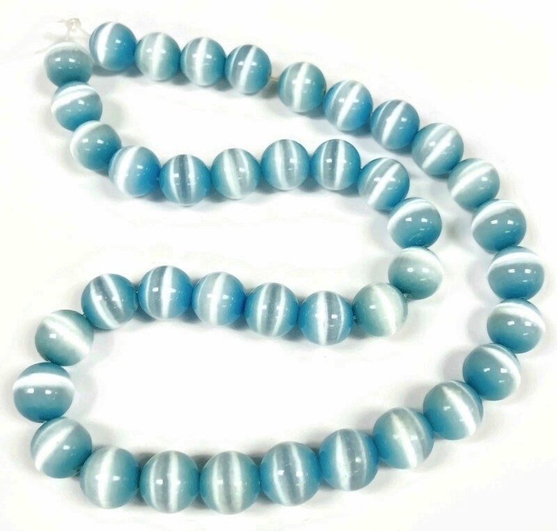 38 Cat’s Eye Fiber Optic Glass Turquoise 10mm. Smooth Round Beads 2592