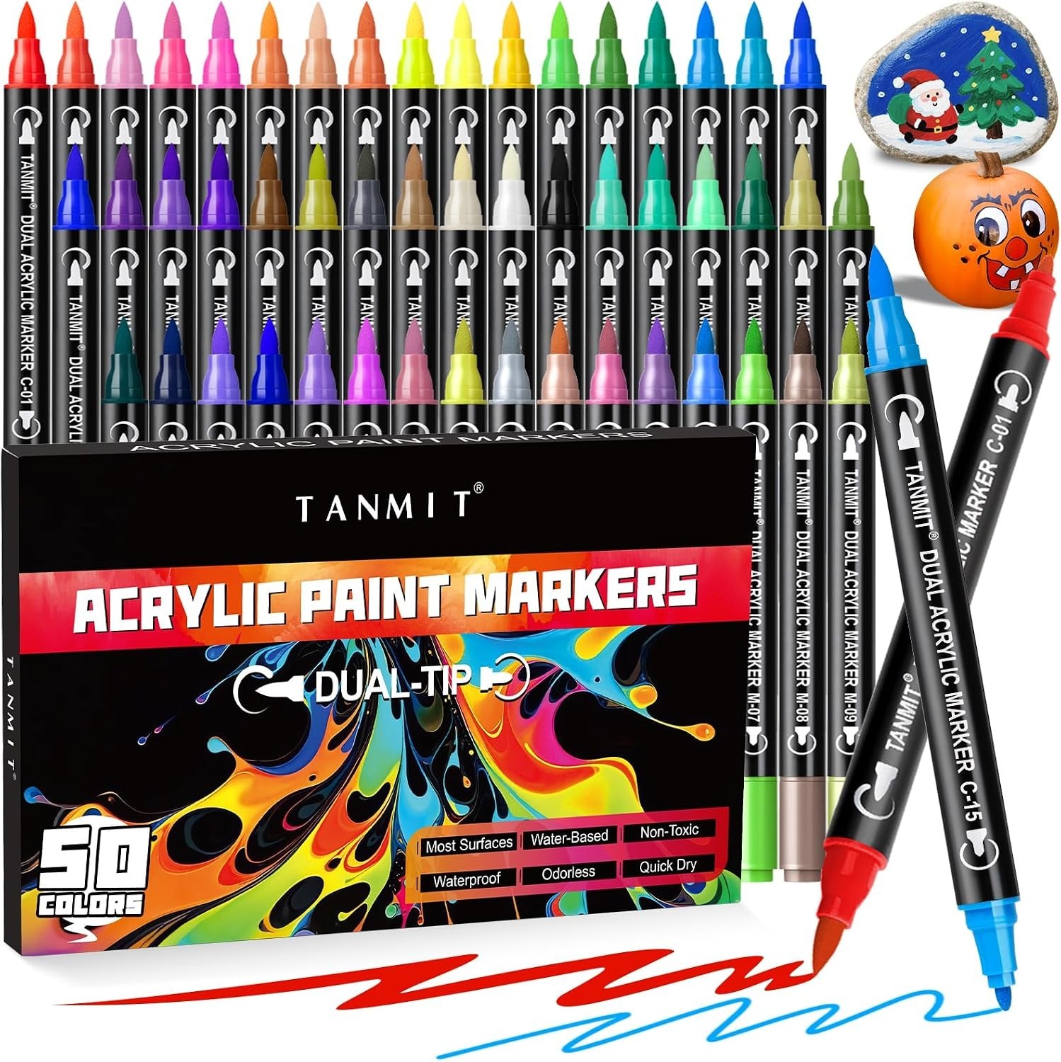 50 Colors Acrylic Paint Markers, Dual Tip Acrylic Paint Pens with Fine Tip an…