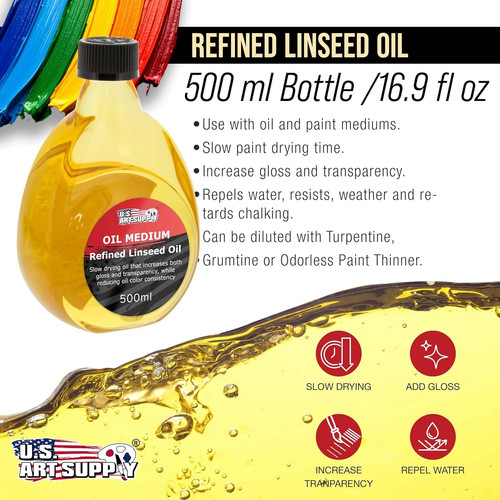 U.S. Art Supply Refined Linseed Oil, 500ml (16.9 oz) 16.91 Fl Oz (Pack of 1)
