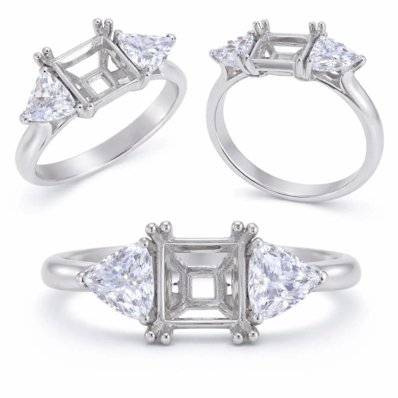 10x10mm Princess Asscher Semi Mount Ring 925 Sterling Silver Trillion Accent