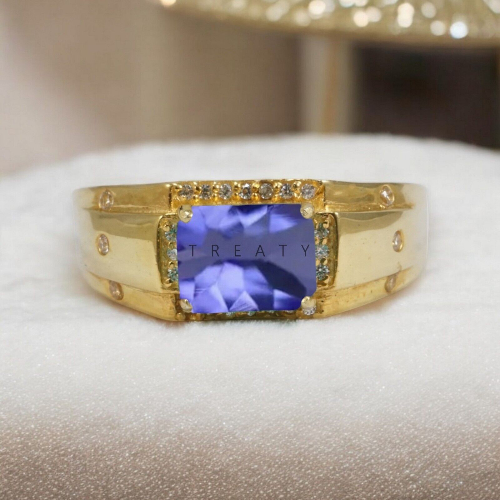 Tanzanite Emerald Cut With 14k Yellow Gold Ring For Men’s #A127