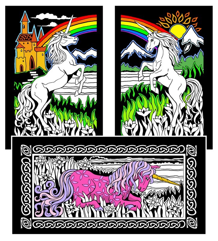 Unicorns 3-Pack – Fuzzy Velvet Coloring Poster with three different designs