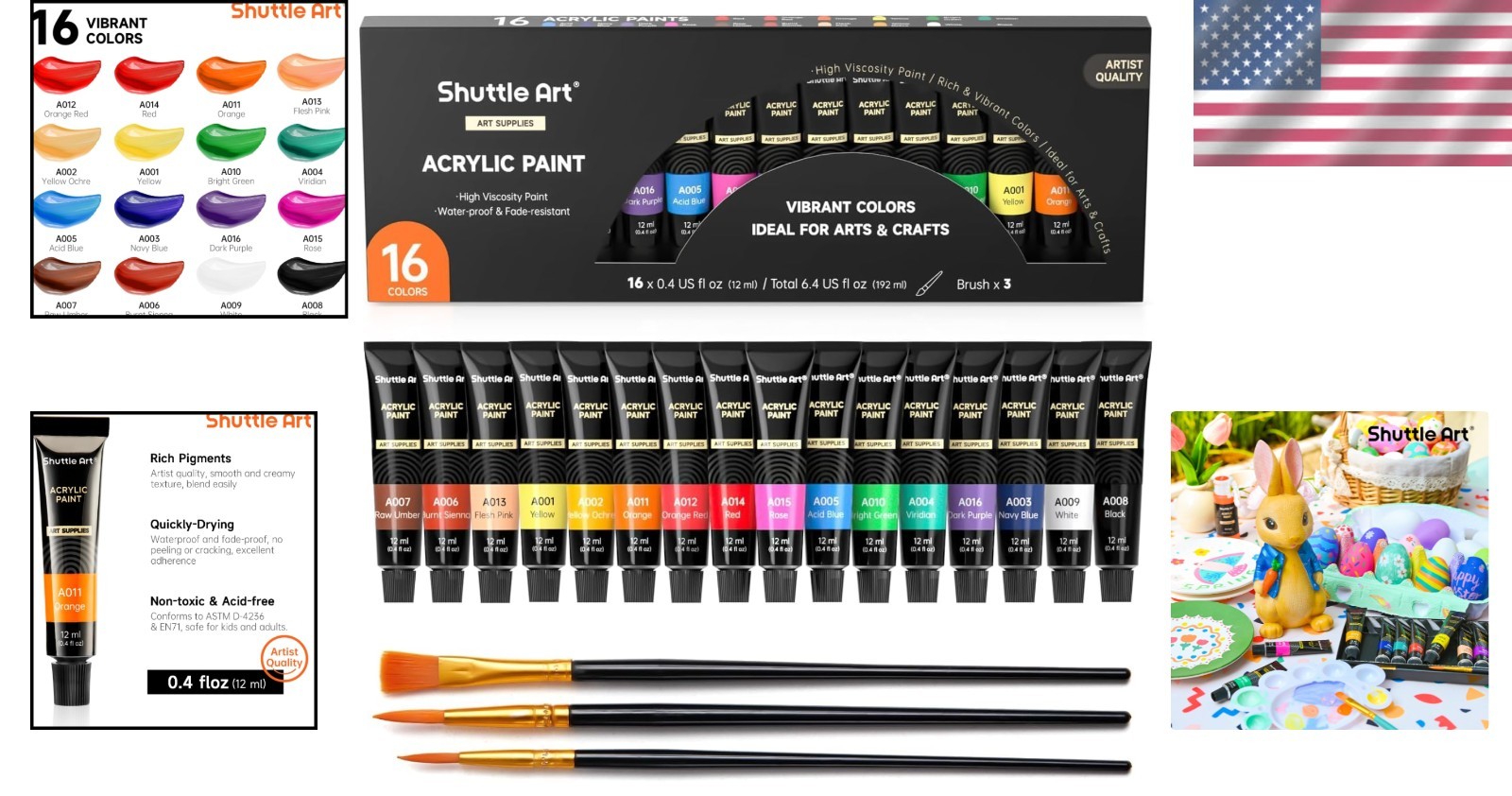 16 Assorted Acrylic Paint Tubes (12ml) with Brushes – Safe for Kids & Adults