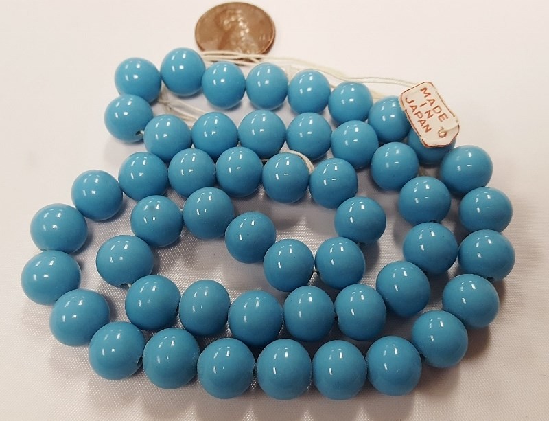 50 VINTAGE JAPAN CHERRY BRAND GLASS BLUE TURQUOISE 10mm SMOOTH ROUND BEADS 4629T