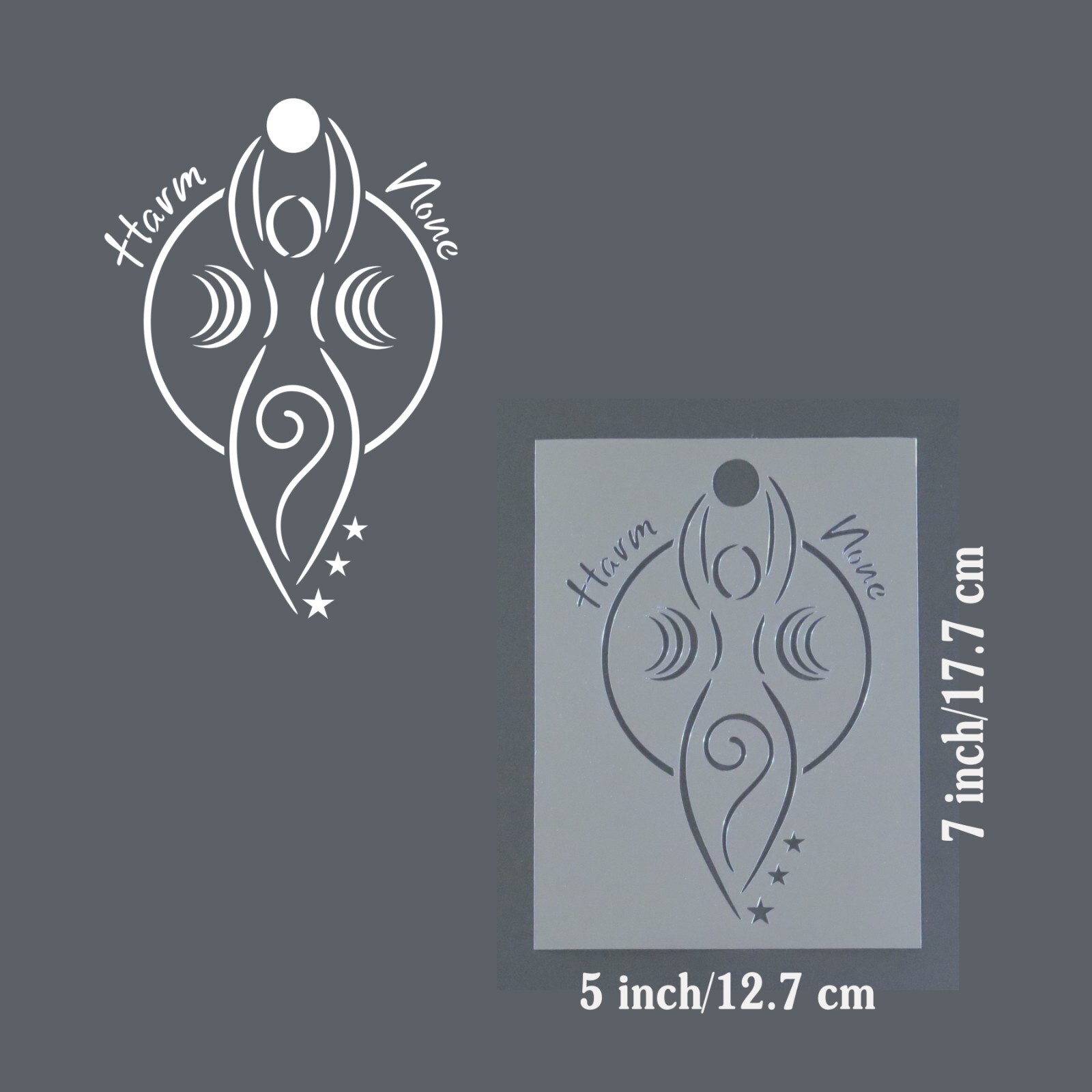 Wiccan Spiral Goddess with moons, Reads: “Harm None” reusable craft STENCIL