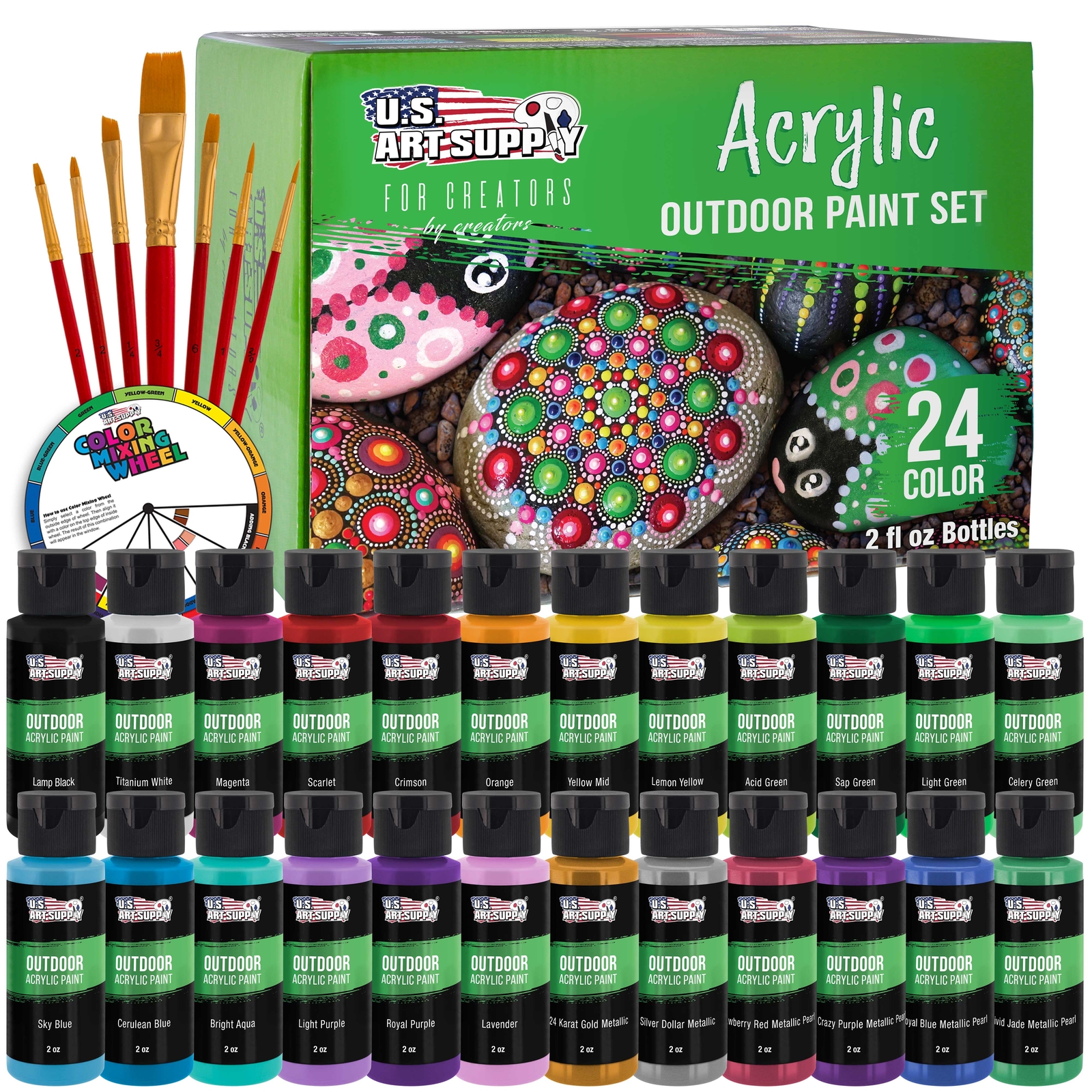 24 Color Outdoor Acrylic Paint Set – 2 Ounce Flip Top Bottles & Brush Set