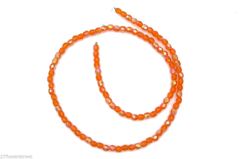 Czech Fire Polished Round Faceted Beads in Sun AB coated, 16″ strand orange AB