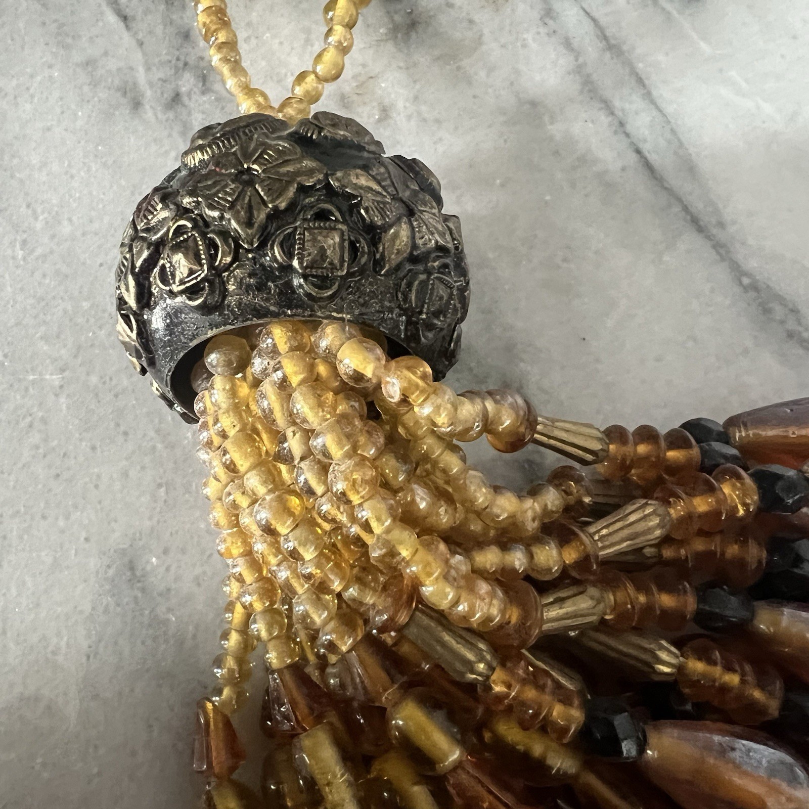 Amber glass gold tones warm Color Heavy Beaded Tassel Holiday ornament rich 7″