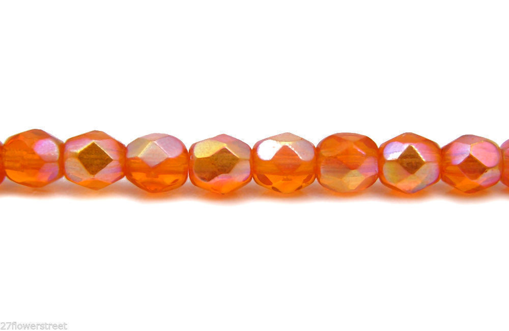 Czech Fire Polished Round Faceted Beads in Sun AB coated, 16″ strand orange AB