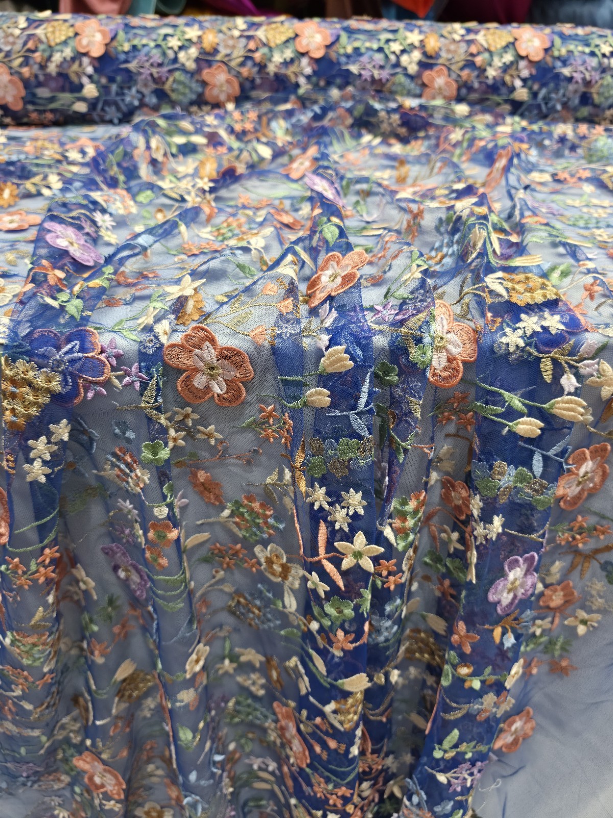Royal Blue Lace Fabric Sold By The Yard Multicolor Embroidery 3d Floral