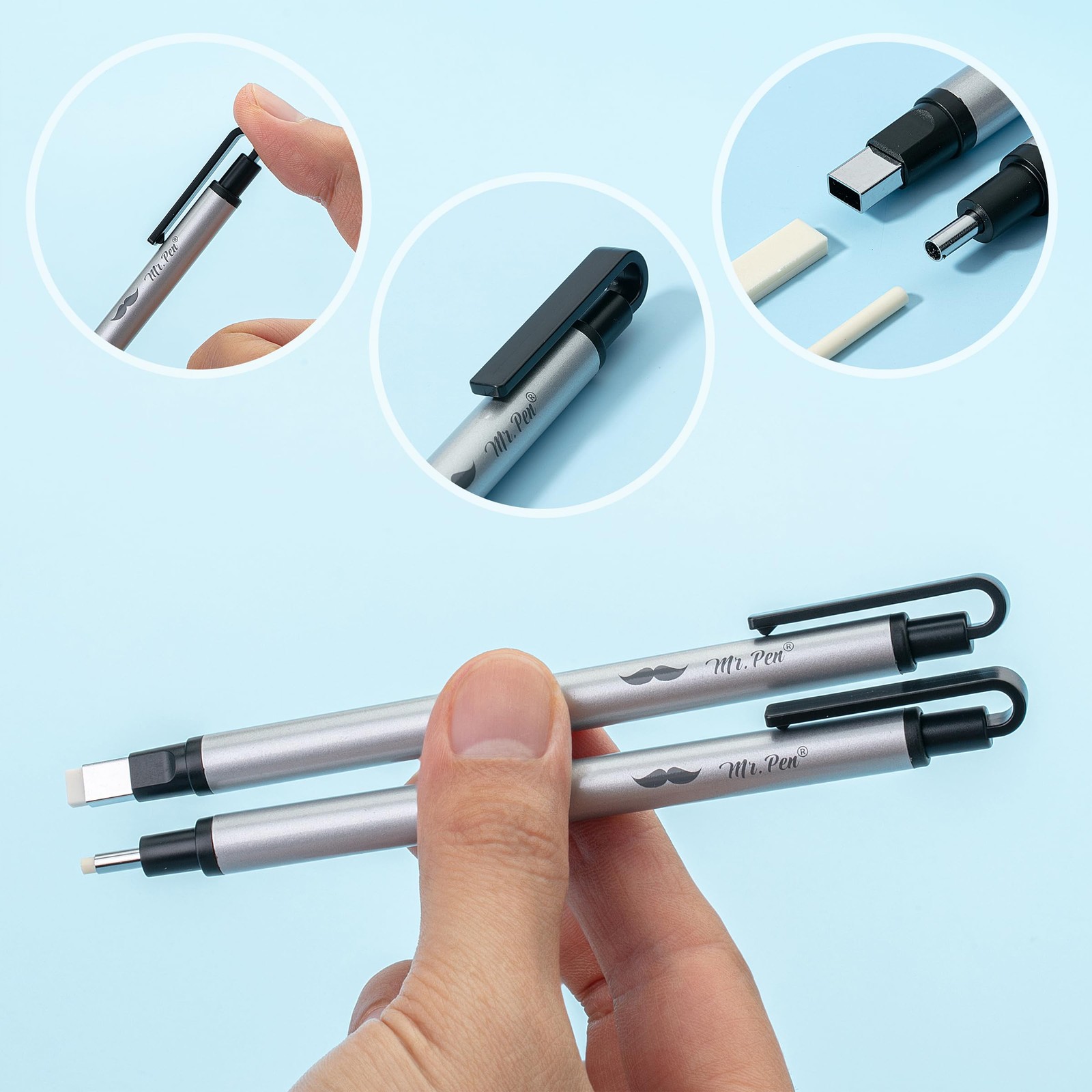 Mr. Pen- Pen Style Eraser, 2 Pack, Square & Round Tip, Eraser Silver