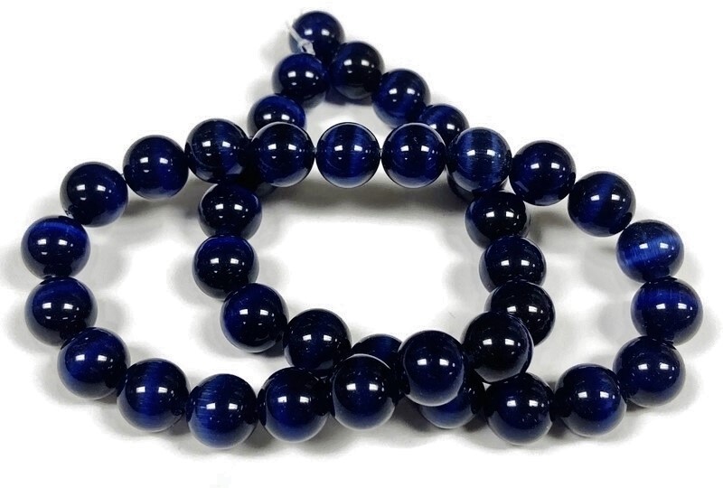 38 Cat’s Eye Fiber Optic Midnight Blue Glass 10mm. Smooth Round Beads 2589