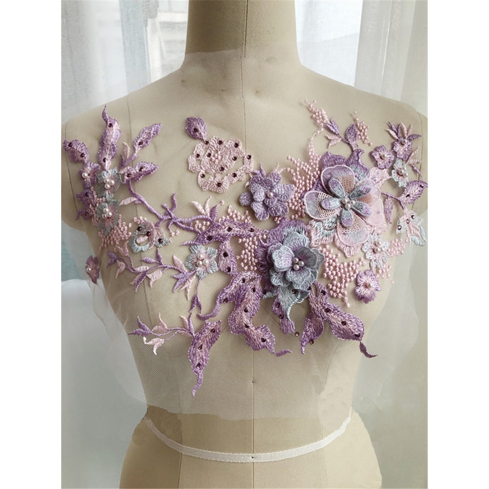 3D Flowers Beaded Lace Fabrics Applique Embroidery Sewing On Patches