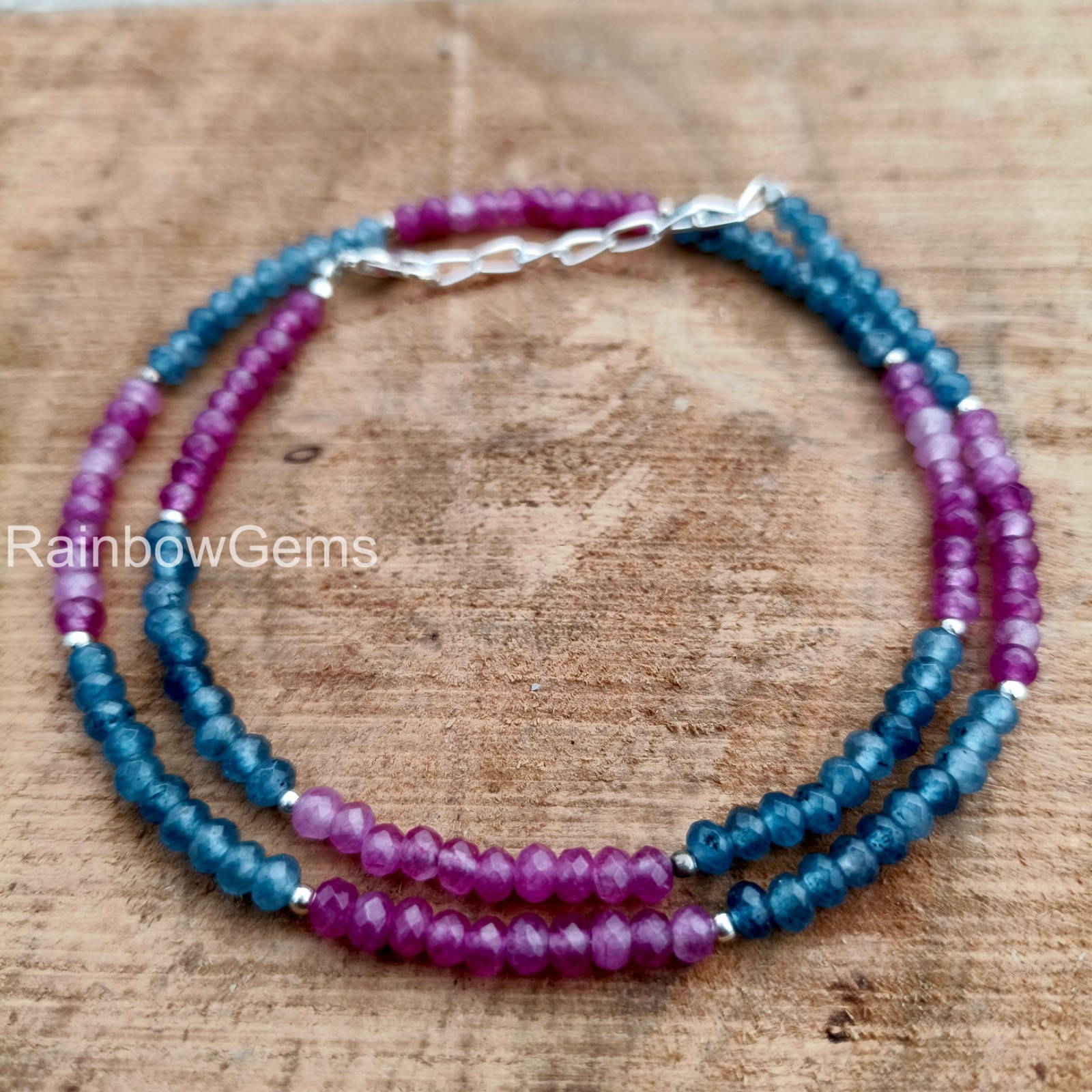Blue & Pink Sapphire Necklace 4mm Faceted Rondelle, Blue, Pink Sapphire Gemstone