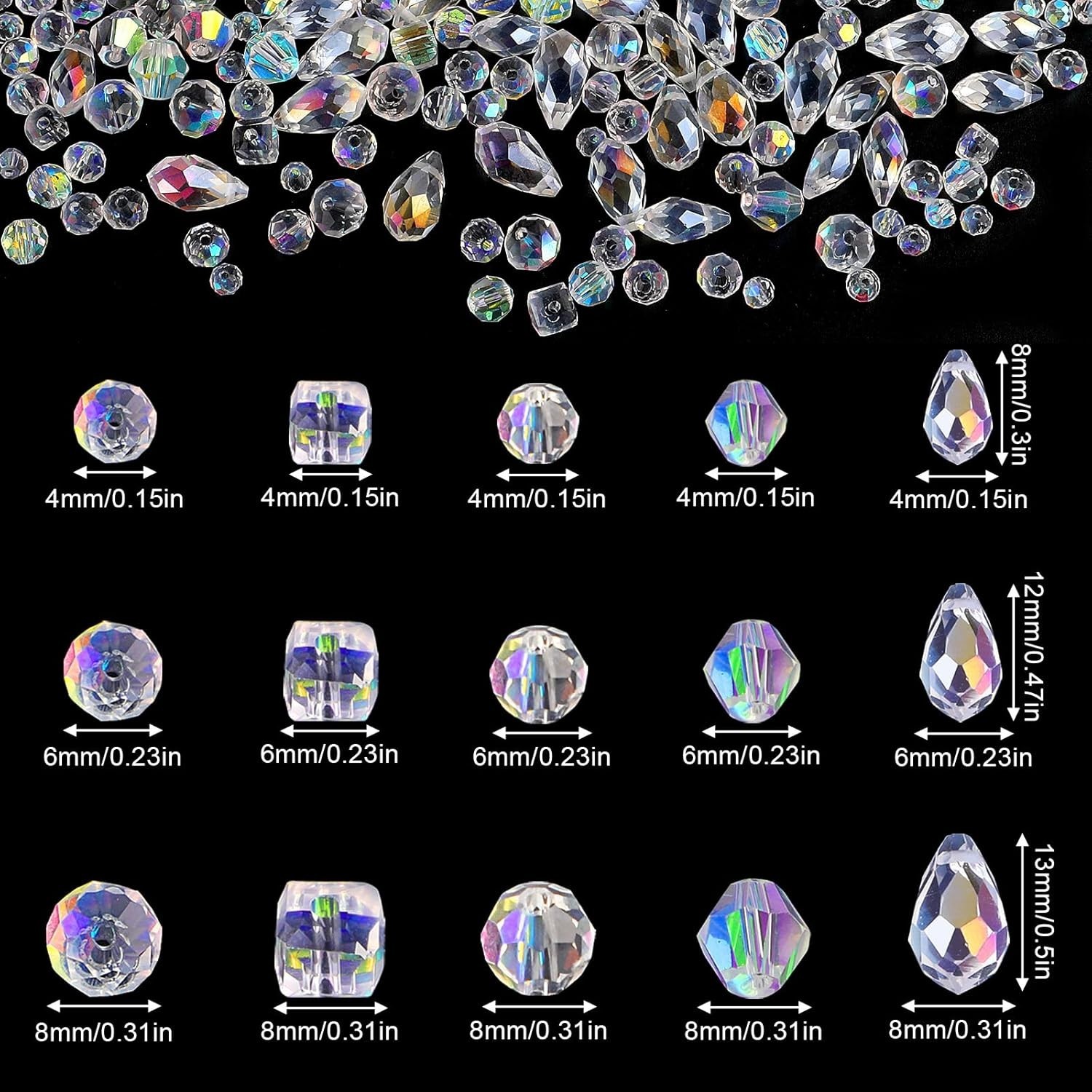 600 Pcs Crystal Glass Beads for Jewelry Making – Assorted Shapes & Sizes