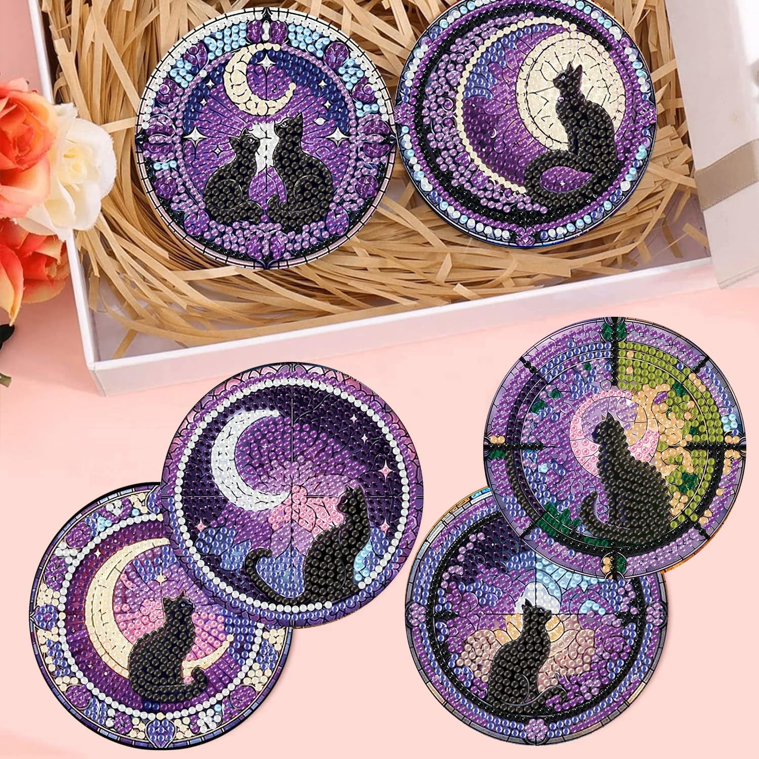 Diamond Art Coasters Kits for Adults – 6 PCS Cat DIY Coaster Diamond Art Kit wi,