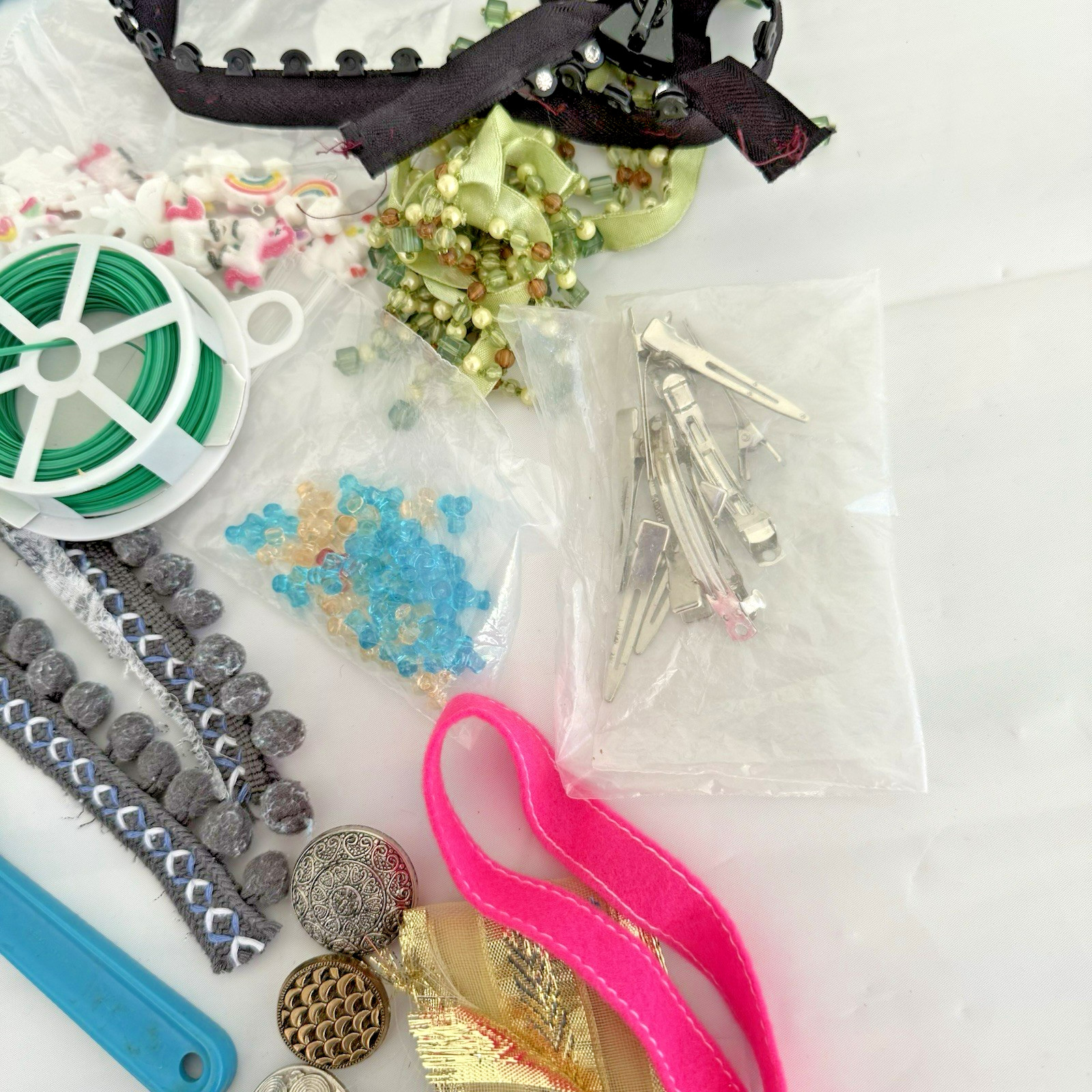 Mixed Lot Of Assorted Craft Sew Supplies Some Beads, Poms, Trims, Embellishments