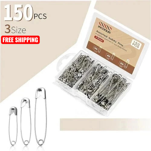 Safety Pins – 150 PCS Safety Pins Assorted – 3 Different Sizes – Silver