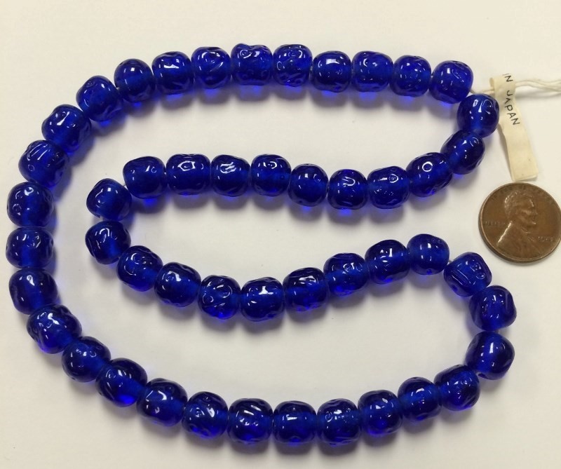 50 VINTAGE JAPANESE CHERRY BRAND GLASS SAPPHIRE 10mm. BAROQUE ROUND BEADS 4576T
