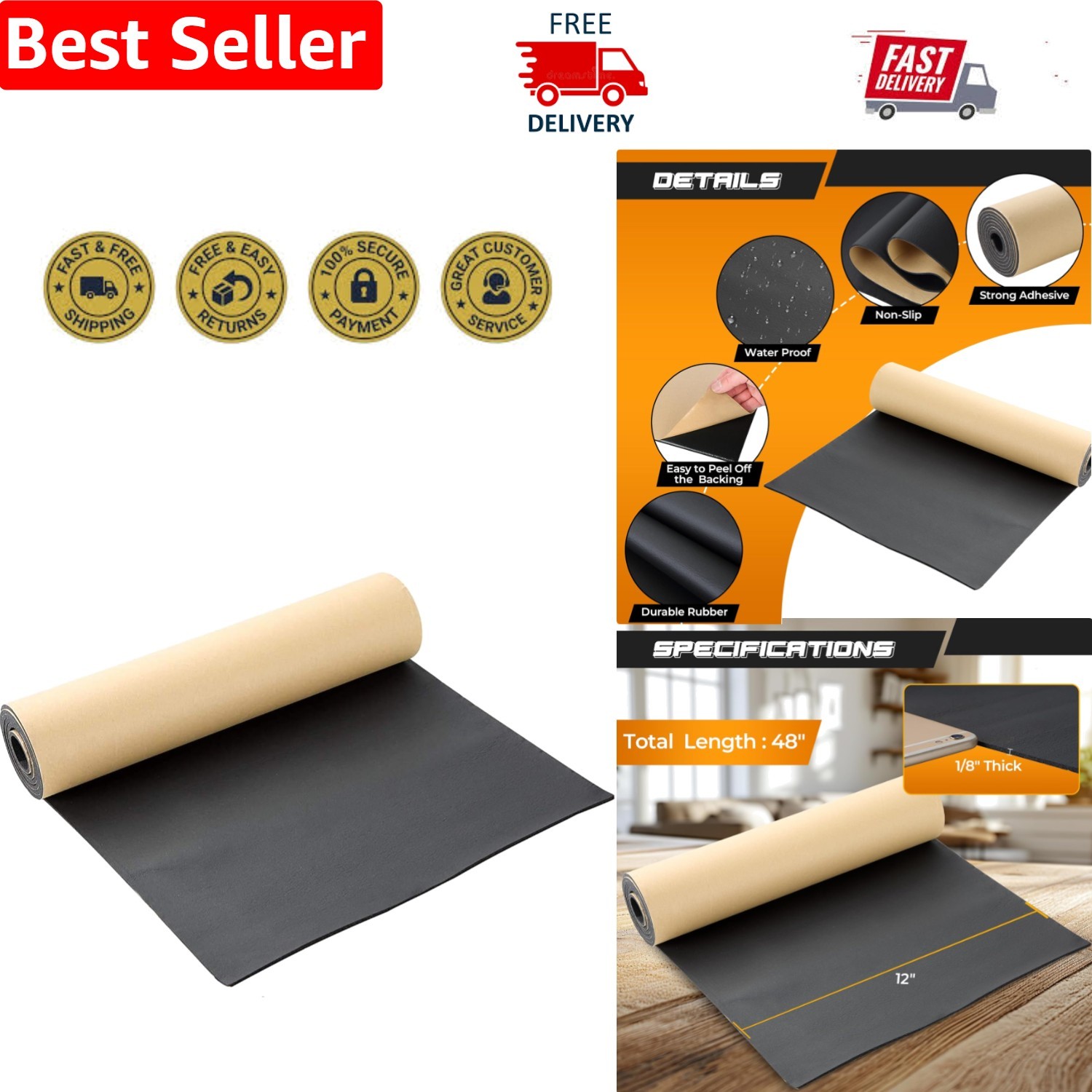 Durable 1/8” Thick Adhesive Neoprene Foam Sheet for DIY Crafts – 12” x 48”