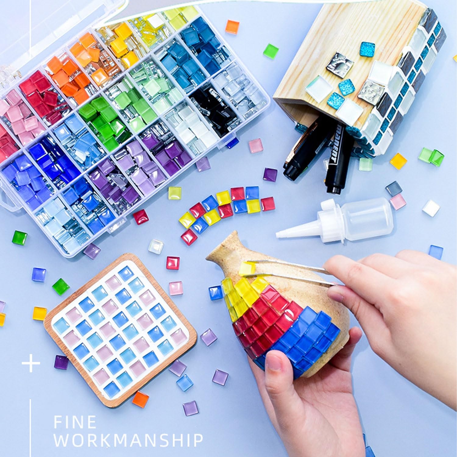 1100pcs Mixed Colors Glass Mosaic Tiles, DIY Tiles 10×10 mm, Multi-Mix
