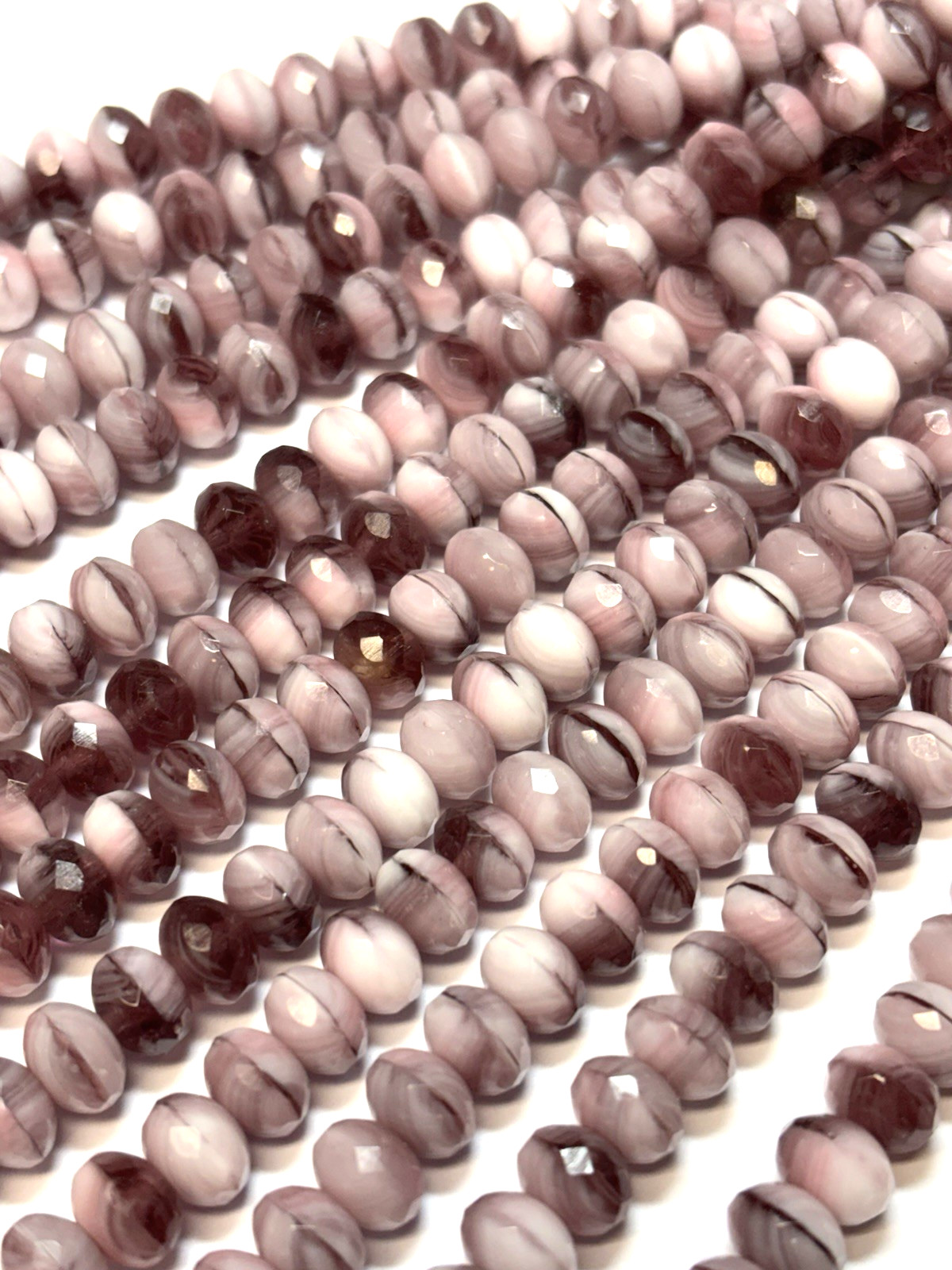 25 beads – 8x6mm Purple and White Blend Czech Fire polished Rondelle beads
