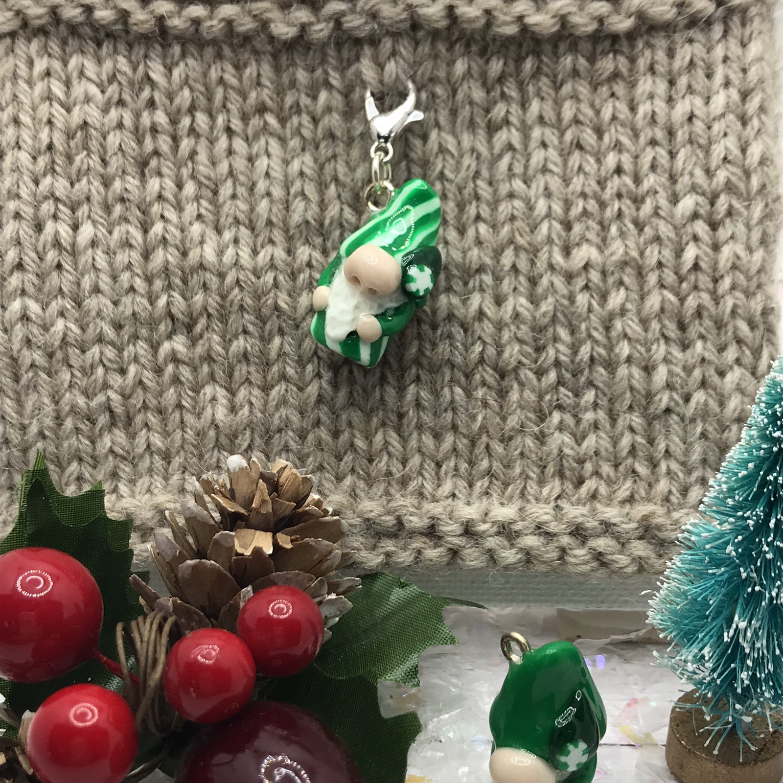 🍬Wintergreen Twist Gnomes Polymer Clay Charm, stitch markers, knitting, crochet