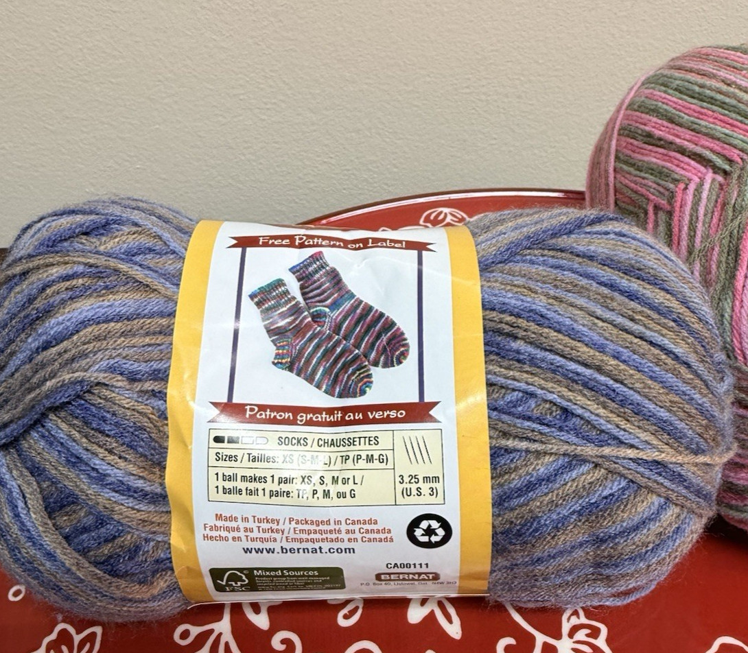 Lot of Bernat Sox Sock Yarn Super Fine Wooded Denim 42117 and Pink Green