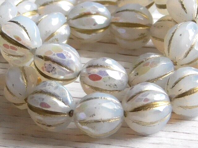 6 – 10mm CZECH TRANSLUCENT FACETED WHITE OPALINE AB GOLD WASH MELON GLASS BEADS