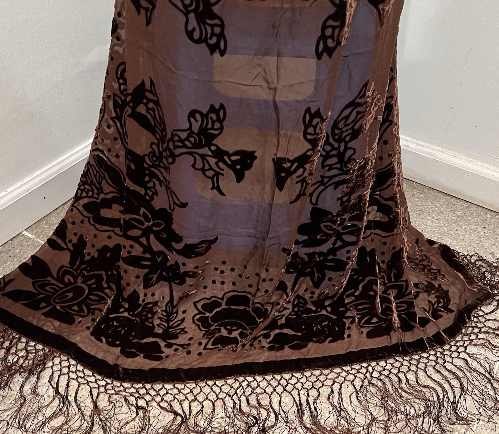Brown Silk Chiffon Velvet Burnout Scarf 40”x40” Wide