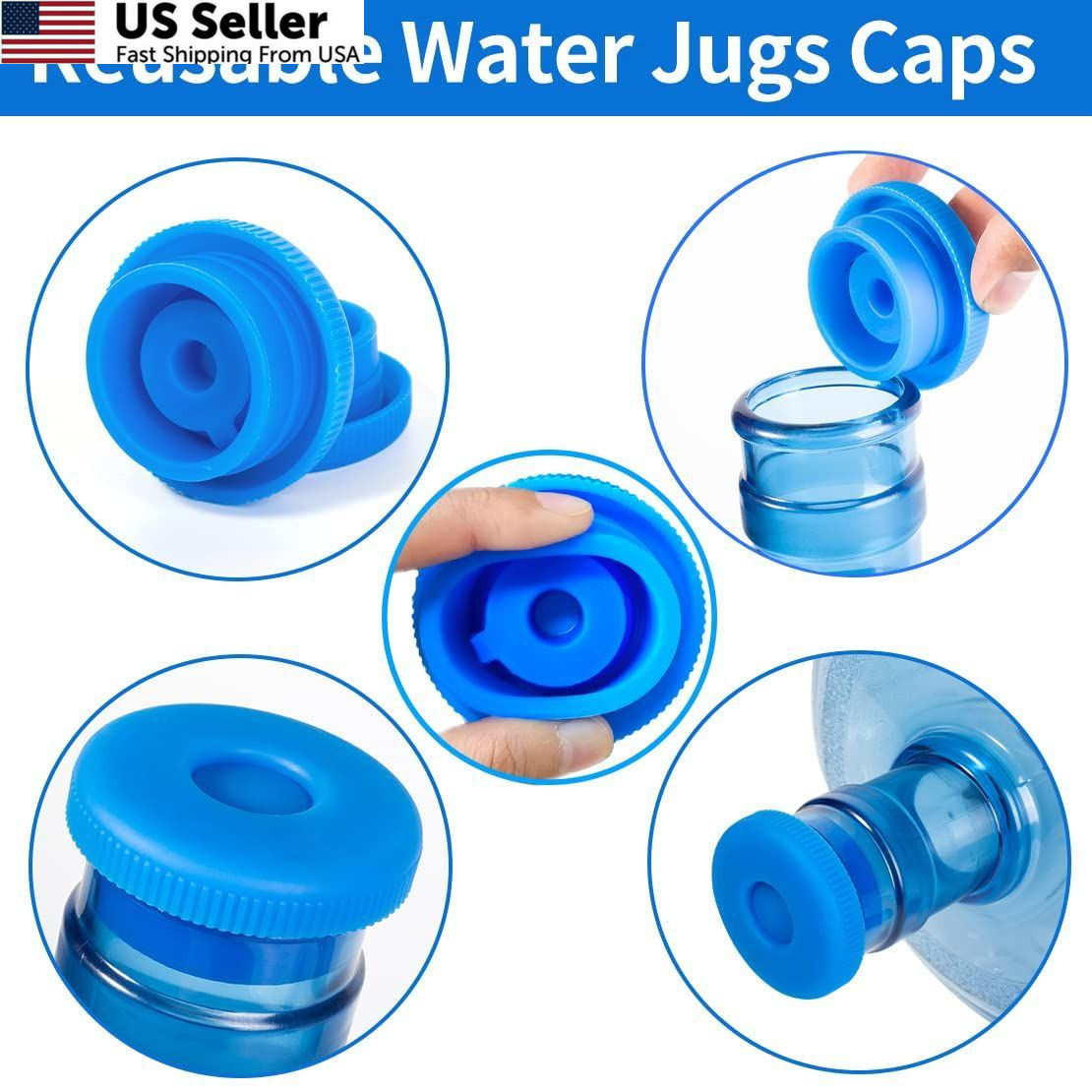 3 and 5 Gallon Water Jug Cap Reusable – Silicone Lid Blue-3 Pack