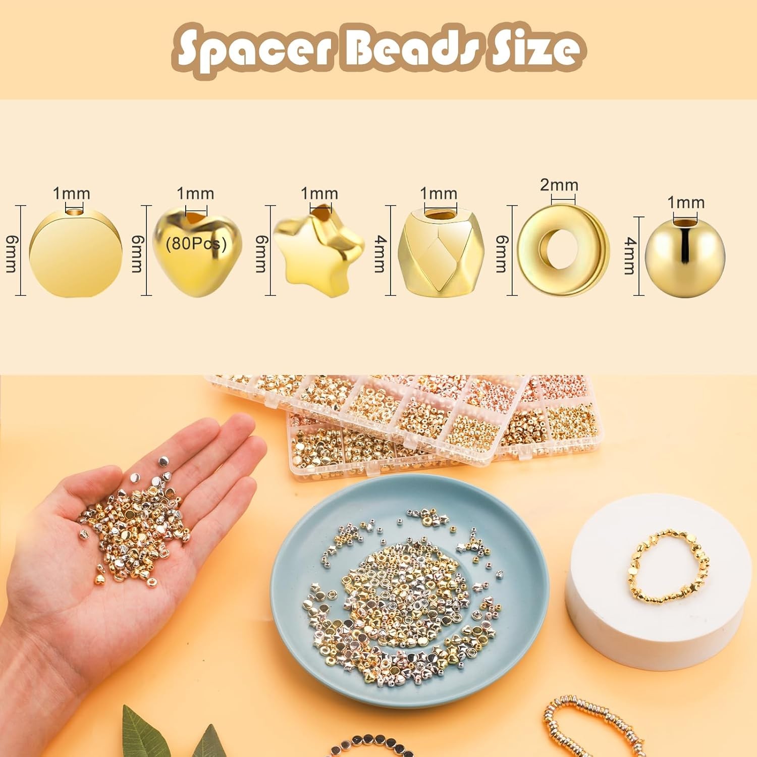 Gold Spacer Beads 2160 Pieces Bracelet Beads for DIY Jewelry Making(Gold, Sliver