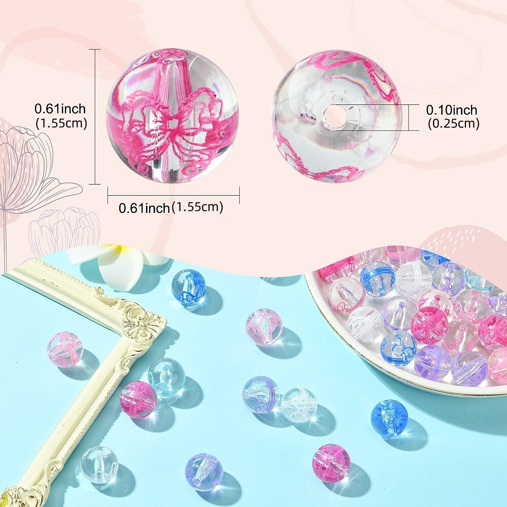 50pcs 15.5mm UV Plating Transparent Acrylic Beads with Flower for DIY Jewelry