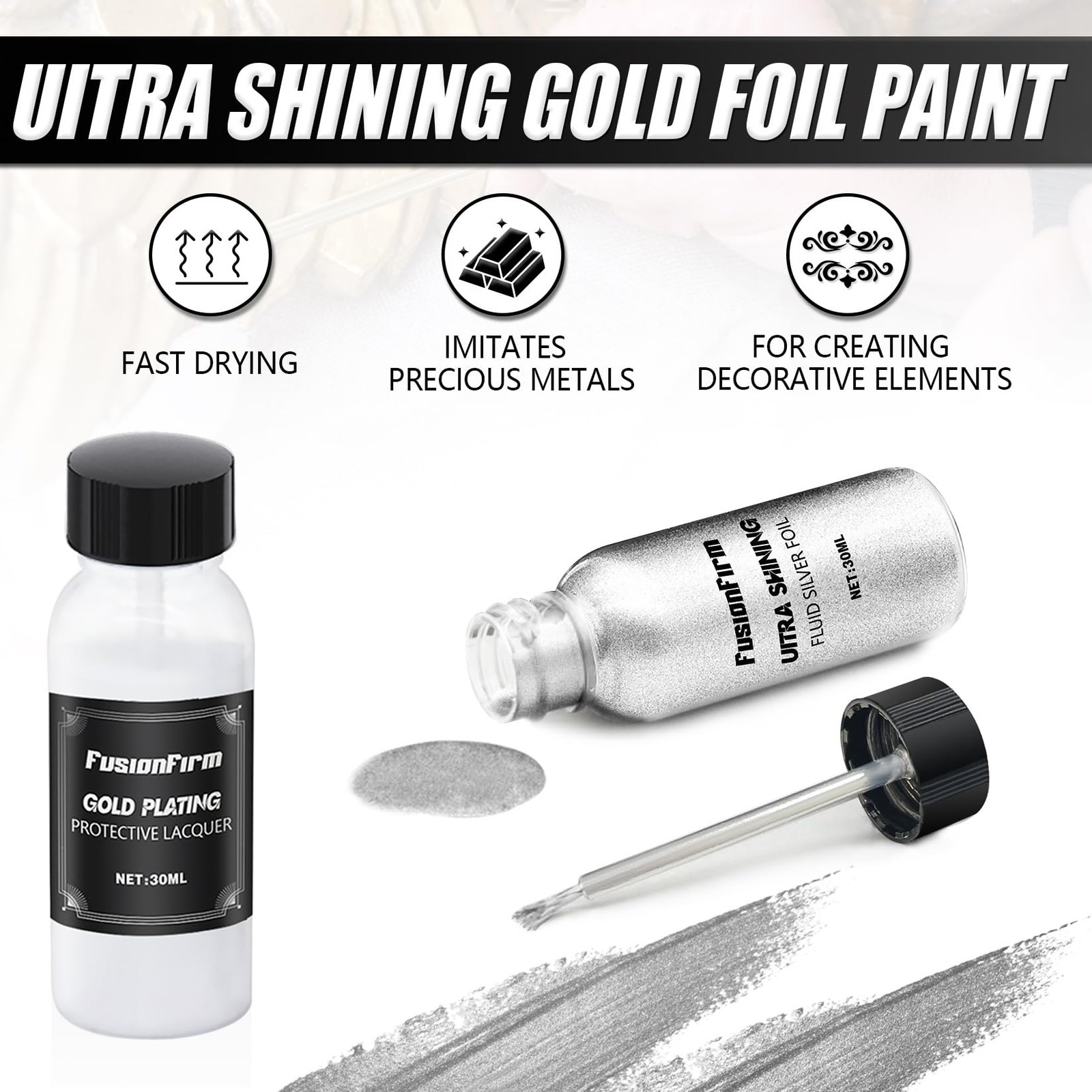 Liquid Silver Leaf Paint Kit – Alcohol-Based 1 Fl Oz (Pack of 1),
