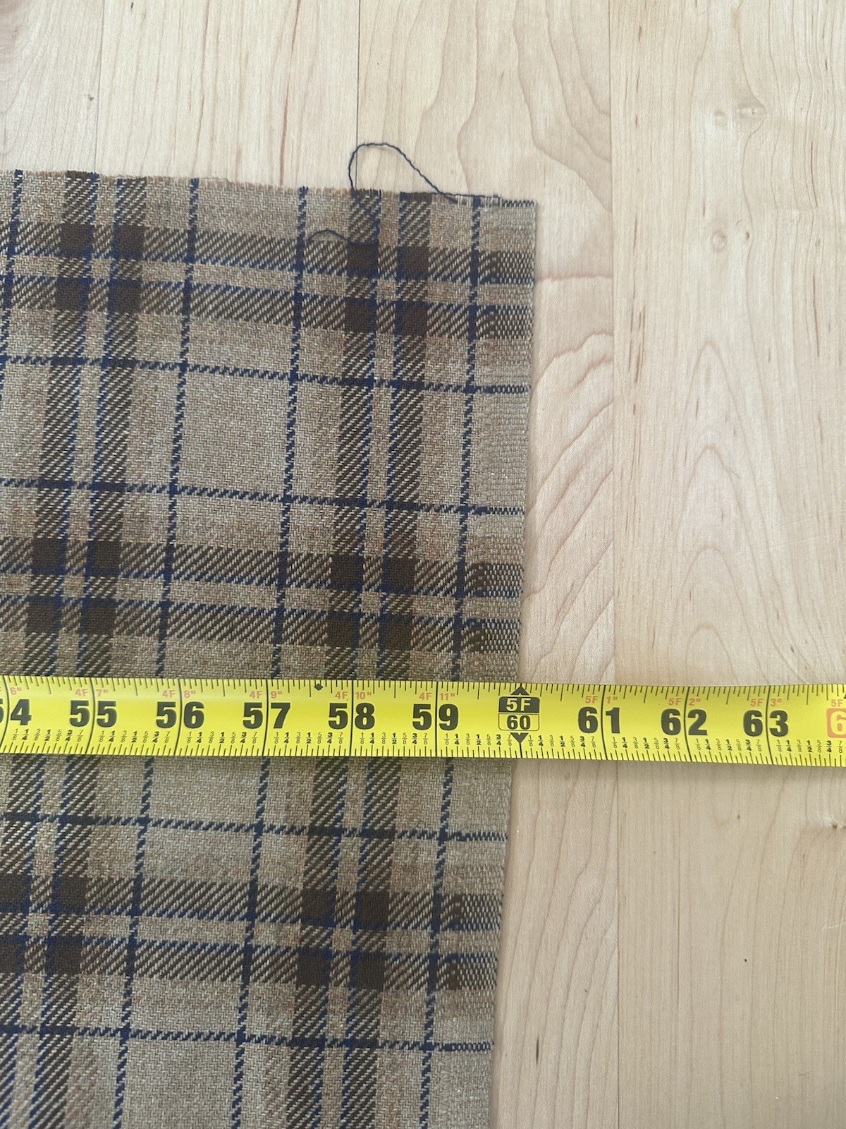 Vintage Fabric 3 1/4 Yards Blue Brown Plaid Wool Blend NOS 70’s