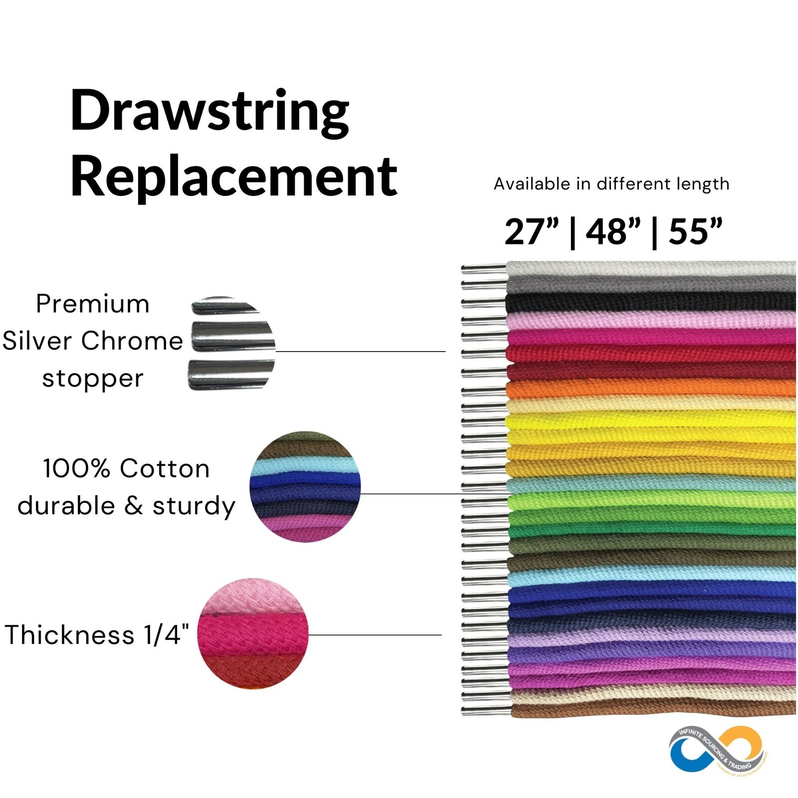 Hoodie Drawstring Cord Replacement, Premium 100% cotton 1/4″round metal ends