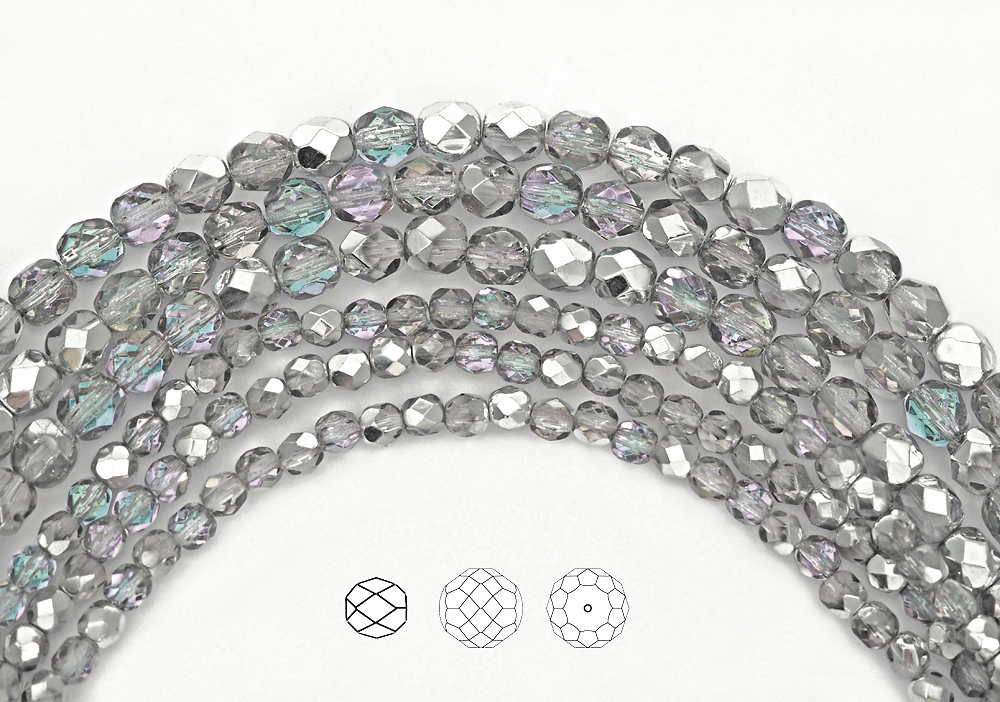 Czech Fire Polished Round Faceted Glass Beads in Crystal Vitrail Light, silver