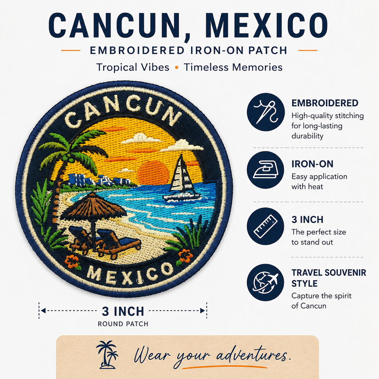 Cancun Mexico Patch 3″ Iron On Embroidered Beach Travel Souvenir Badge