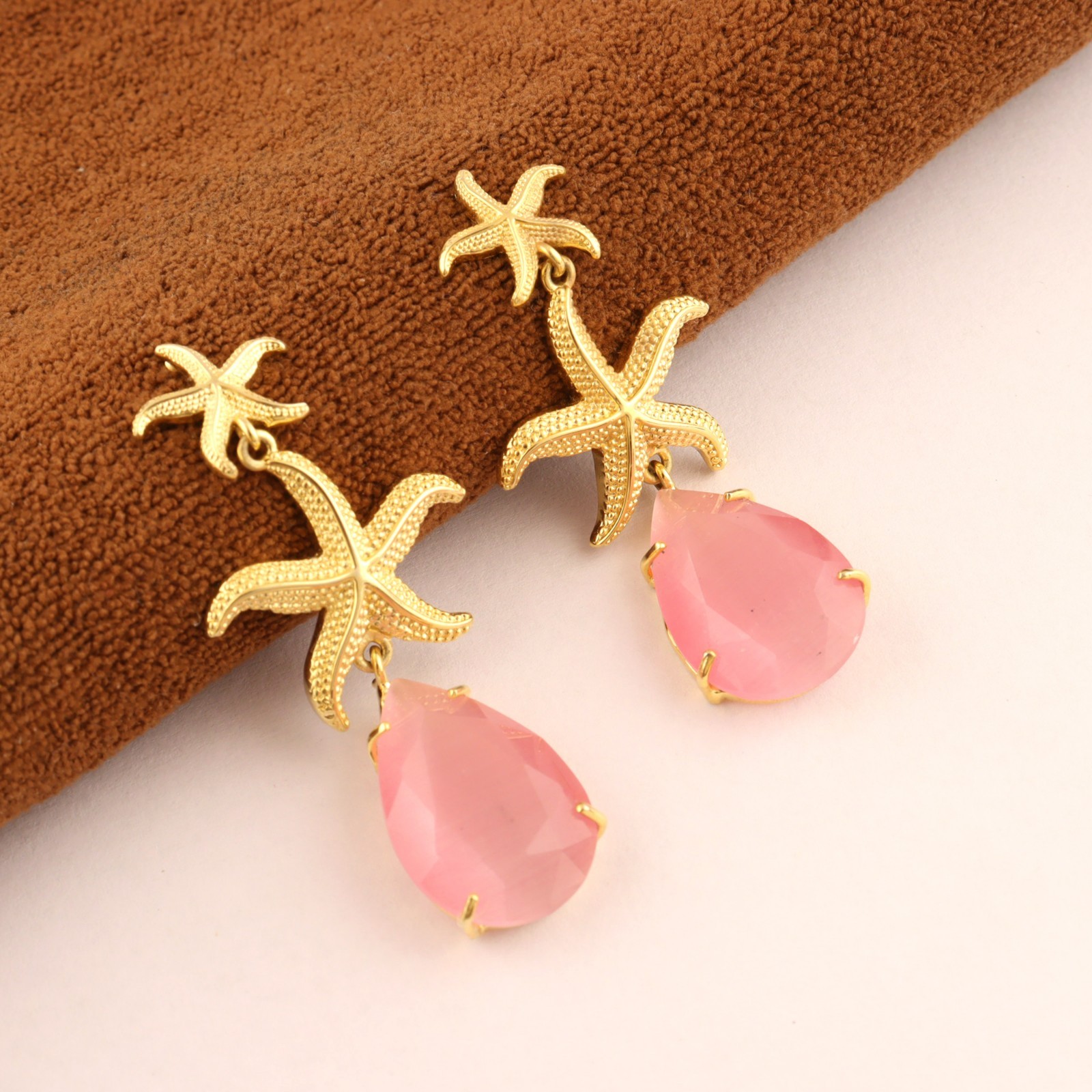 Natural Pink Faceted Gemstone Starfish Earring Gold Plated Modern Jewelry