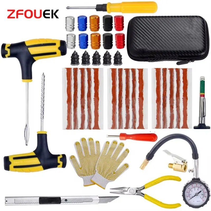 Car Truck Motorcycle Tire Repair Kit DIY Flat Home Plug Patch Multi Pliers Box