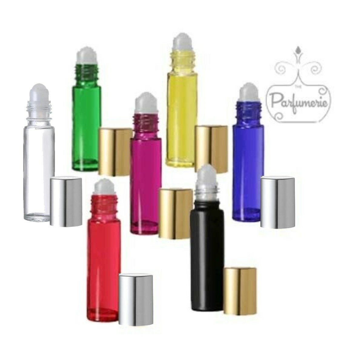 Roll on Essential Oil Bottles 10ml Silver/Gold Cap Glass Perfume 1/3 oz.