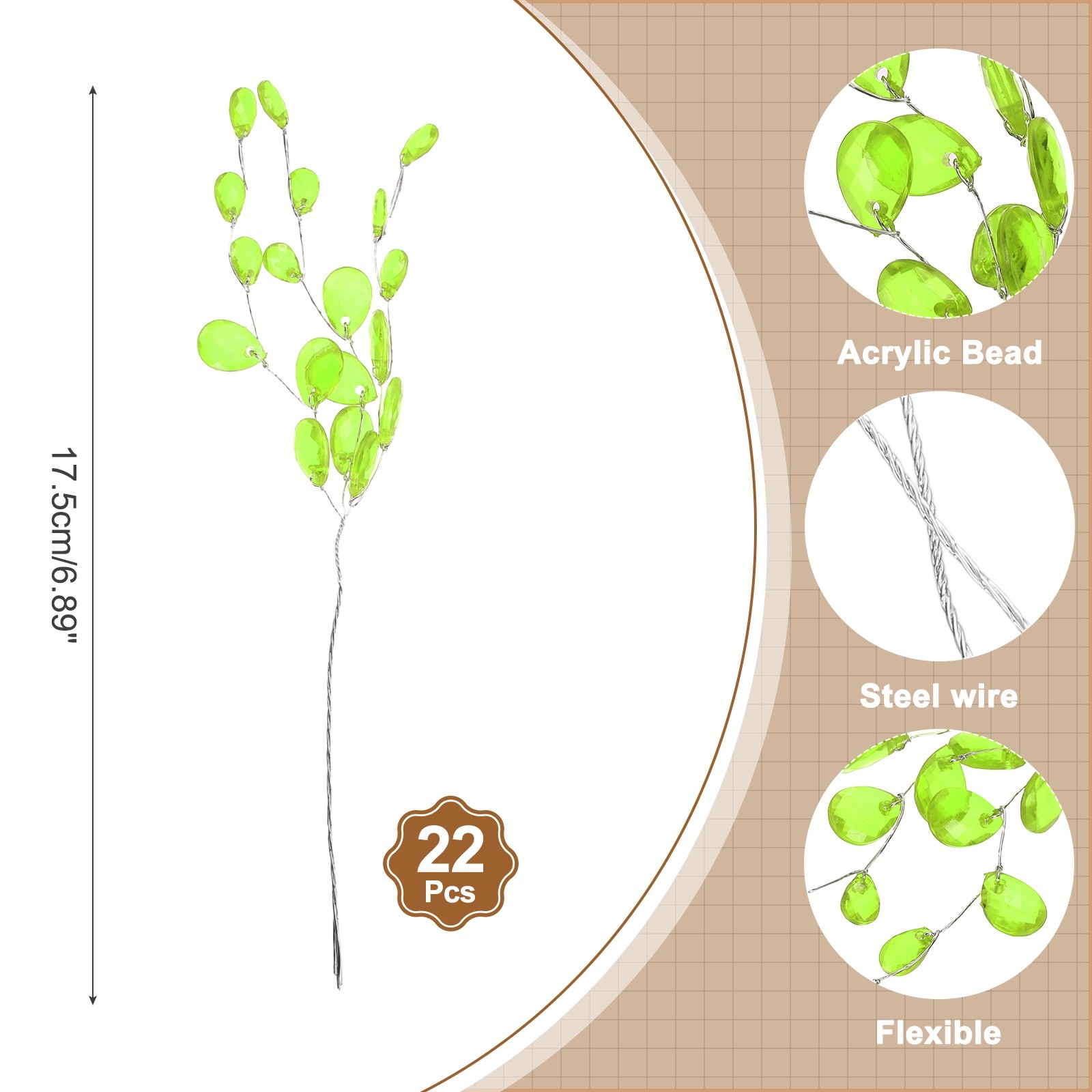 22 Pcs Acrylic Bead Drop Stems, Crystal Floral Picks Bouquets Flowers, Green