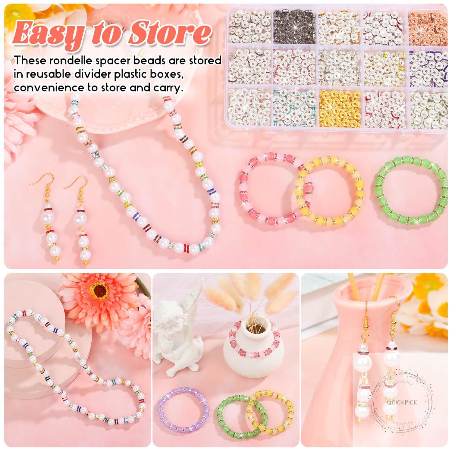 1200 Pieces Rondelle Spacer Beads for Jewelry Making, 6mm Rhinestone Spacer Bead