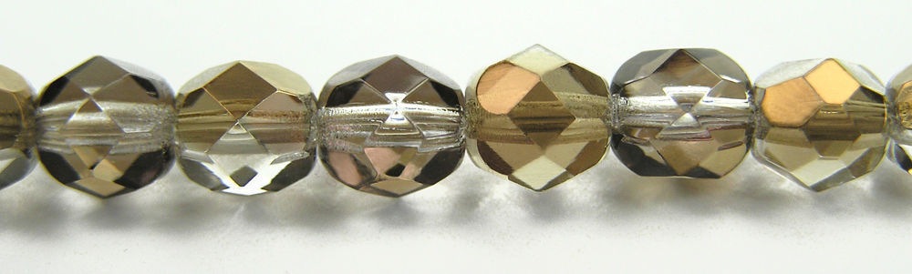 Czech Fire Polished Round Faceted Beads in Crystal Valentinit coated, 16″ strand