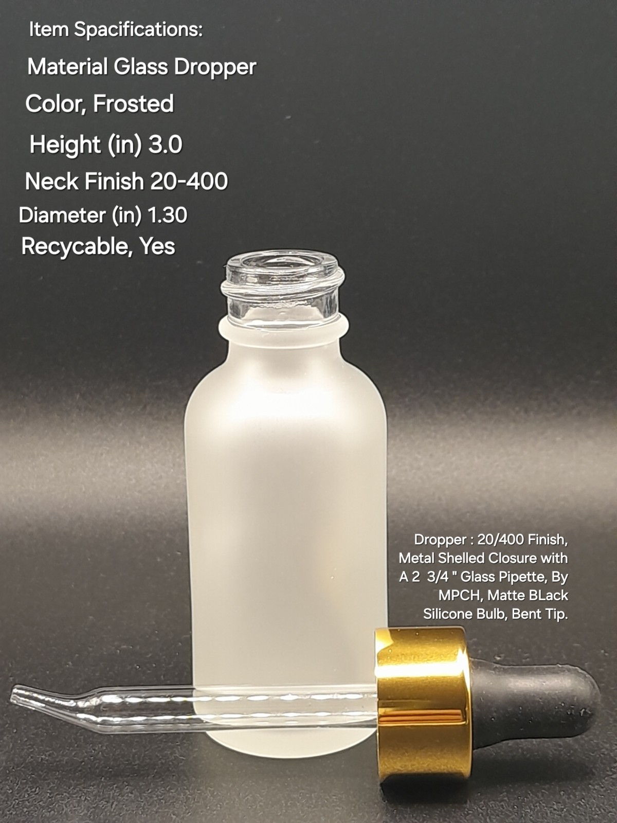 2 DOZEN FROSTED 1 OZ BOTTLES WITH DROPPER 20/400 NECK.