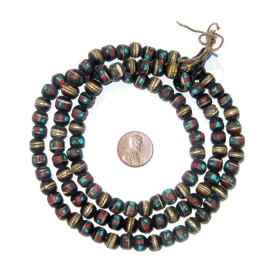 Black Inlaid Bone Mala Beads 8mm Nepal Multicolor Round Large Hole