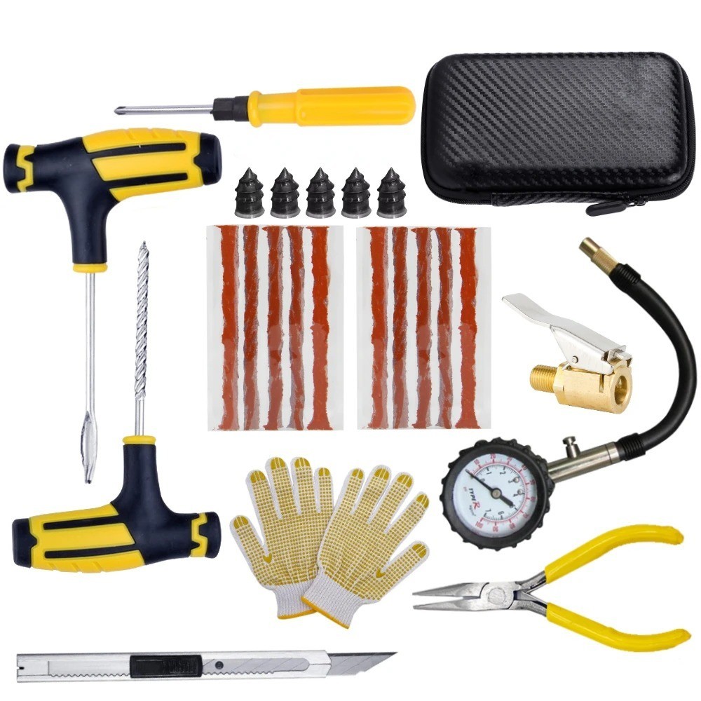 Car Truck Motorcycle Tire Repair Kit DIY Flat Home Plug Patch Multi Pliers Box